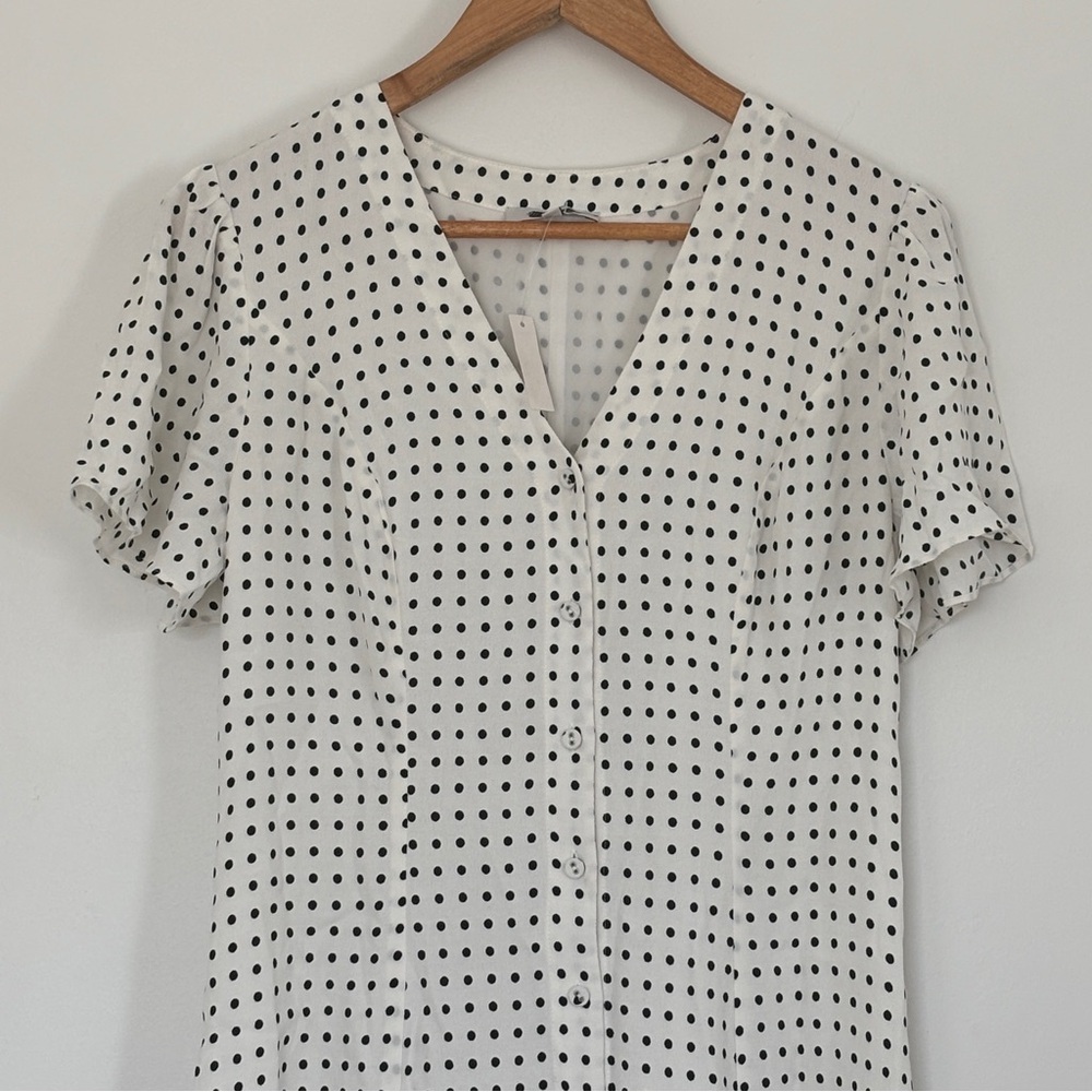 NWT Madewell Button-Front White Polka dot Mini Dress size 8 vneck shirt dress - Picture 6 of 10
